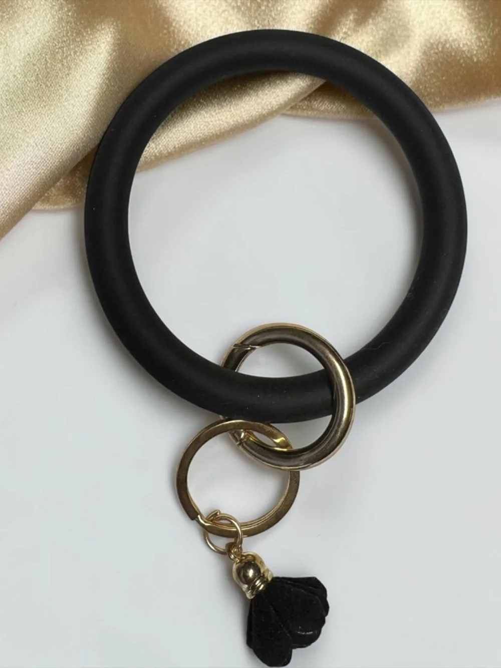 Black Silicone Bangle Keychain Bracelet Gold Tassel Wristlet NEW